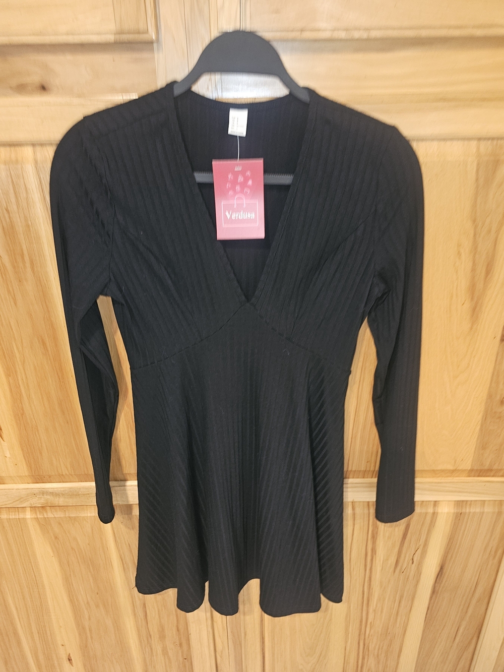 Black Ribbed V-Neck Long Sleeve Mini Dress